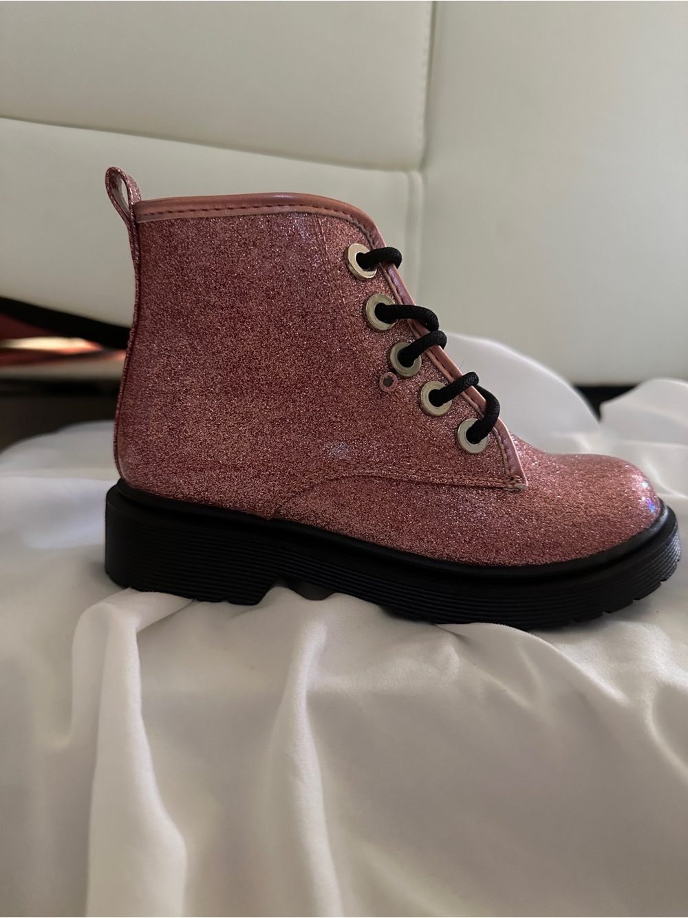 Steve Madden Girls Glitter Lace-Up Boot in Pink with Black Sole